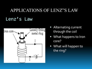 Lenz’s Law
 Alternating current
through the coil
 What happens to Iron
core?
 What will happen to
the ring?
APPLICATIONS OF LENZ”S LAW
 