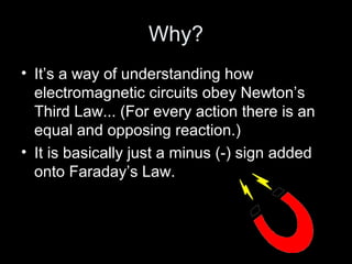 Why?
• It’s a way of understanding how
electromagnetic circuits obey Newton’s
Third Law... (For every action there is an
equal and opposing reaction.)
• It is basically just a minus (-) sign added
onto Faraday’s Law.
 