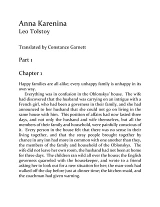 Anna Karenina
Leo Tolstoy
Translated by Constance Garnett
Part 1
Chapter 1
Happy families are all alike; every unhappy family is unhappy in its
own way.
Everything was in confusion in the Oblonskys’ house. The wife
had discovered that the husband was carrying on an intrigue with a
French girl, who had been a governess in their family, and she had
announced to her husband that she could not go on living in the
same house with him. This position of affairs had now lasted three
days, and not only the husband and wife themselves, but all the
members of their family and household, were painfully conscious of
it. Every person in the house felt that there was no sense in their
living together, and that the stray people brought together by
chance in any inn had more in common with one another than they,
the members of the family and household of the Oblonskys. The
wife did not leave her own room, the husband had not been at home
for three days. The children ran wild all over the house; the English
governess quarreled with the housekeeper, and wrote to a friend
asking her to look out for a new situation for her; the man-cook had
walked off the day before just at dinner time; the kitchen-maid, and
the coachman had given warning.
 