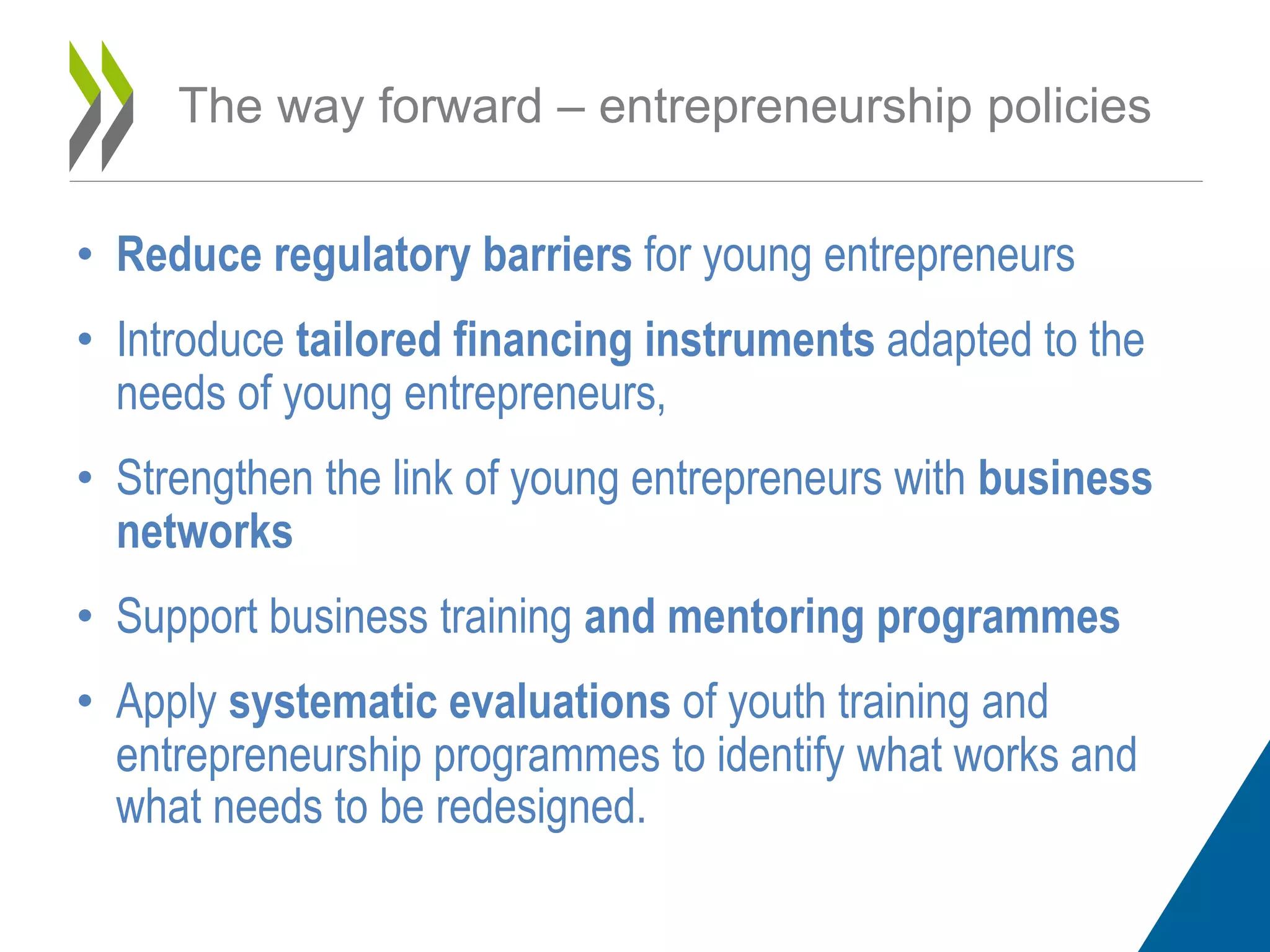 • Reduce regulatory barriers for young entrepreneurs
• Introduce tailored financing instruments adapted to the
needs of young entrepreneurs,
• Strengthen the link of young entrepreneurs with business
networks
• Support business training and mentoring programmes
• Apply systematic evaluations of youth training and
entrepreneurship programmes to identify what works and
what needs to be redesigned.
The way forward – entrepreneurship policies
 