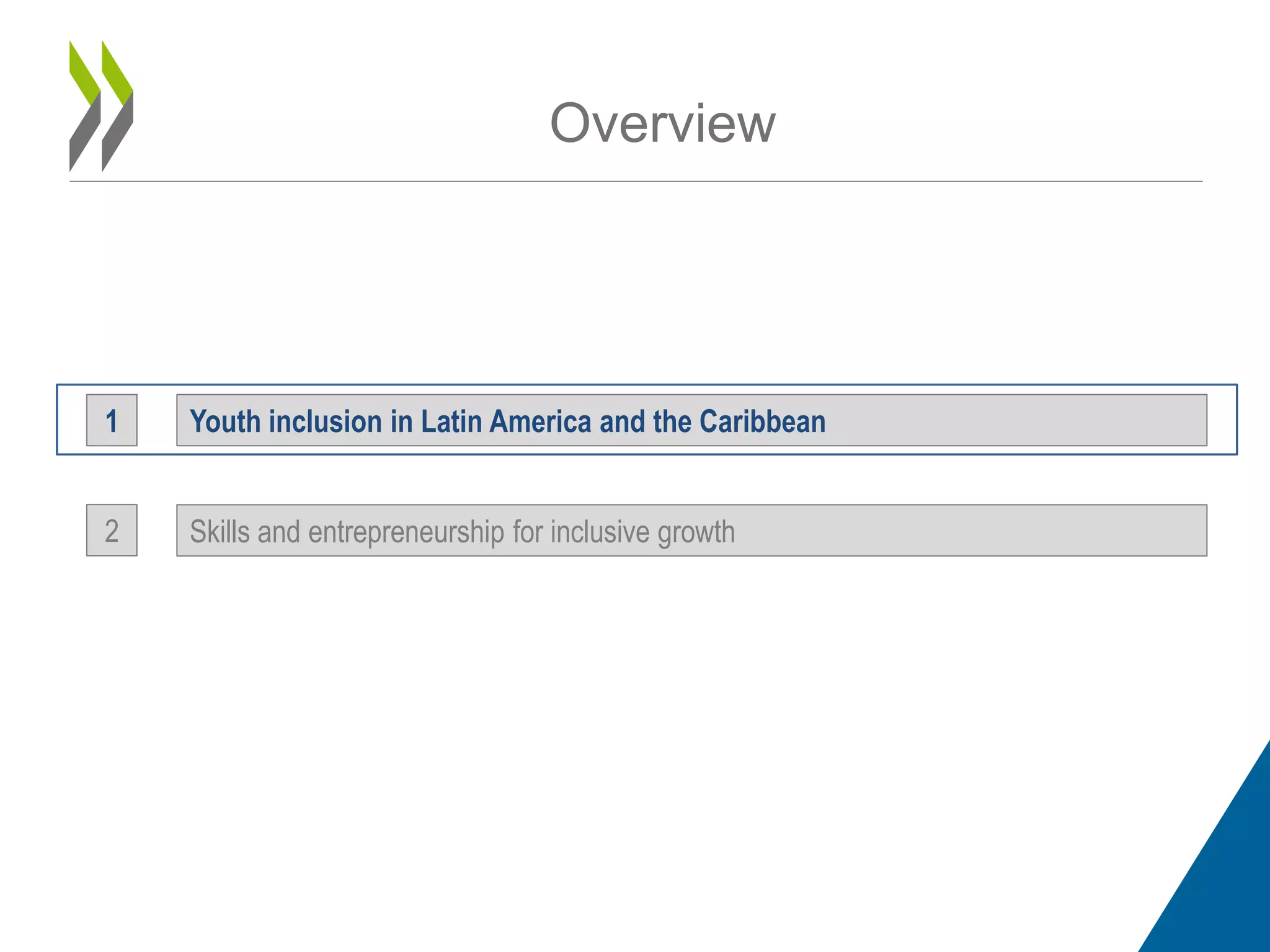 Overview
1 Youth inclusion in Latin America and the Caribbean
2 Skills and entrepreneurship for inclusive growth
 