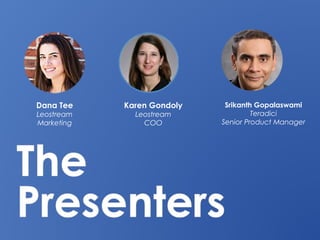 Dana Tee
Leostream
Marketing
Karen Gondoly
Leostream
COO
Srikanth Gopalaswami
Teradici
Senior Product Manager
 