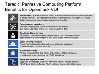 24
Teradici Pervasive Computing Platform:
Benefits for Openstack VDI
Flexibility of choice - Build customized & differentiated solutions that leverage best-
in-breed elements - cloud platform, brokers, hypervisors and management tools to
deploy over private clouds, public clouds or on premise
Seamless user experience
Ensures a high-quality, uncompromised user experience
that makes users feel inches, not miles, away from data
Accelerated time-to-value
Pre-tested, pre-integrated components enable rapid development and
deployment of virtual workspaces and cloud-based vertical solutions
Broad PCoIP Ecosystem
Proven technology with millions of users and broad ecosystem
of innovative products and services
Maximum security
All data remains in the data center and an image of the workspace
or application is sent in pixels via PCoIP technology
Anywhere, anytime access
Support a broad range of devices from ultra-secure, easy-to-manage
PCoIP Zero Clients to flexible PCoIP software clients and mobile clients
 