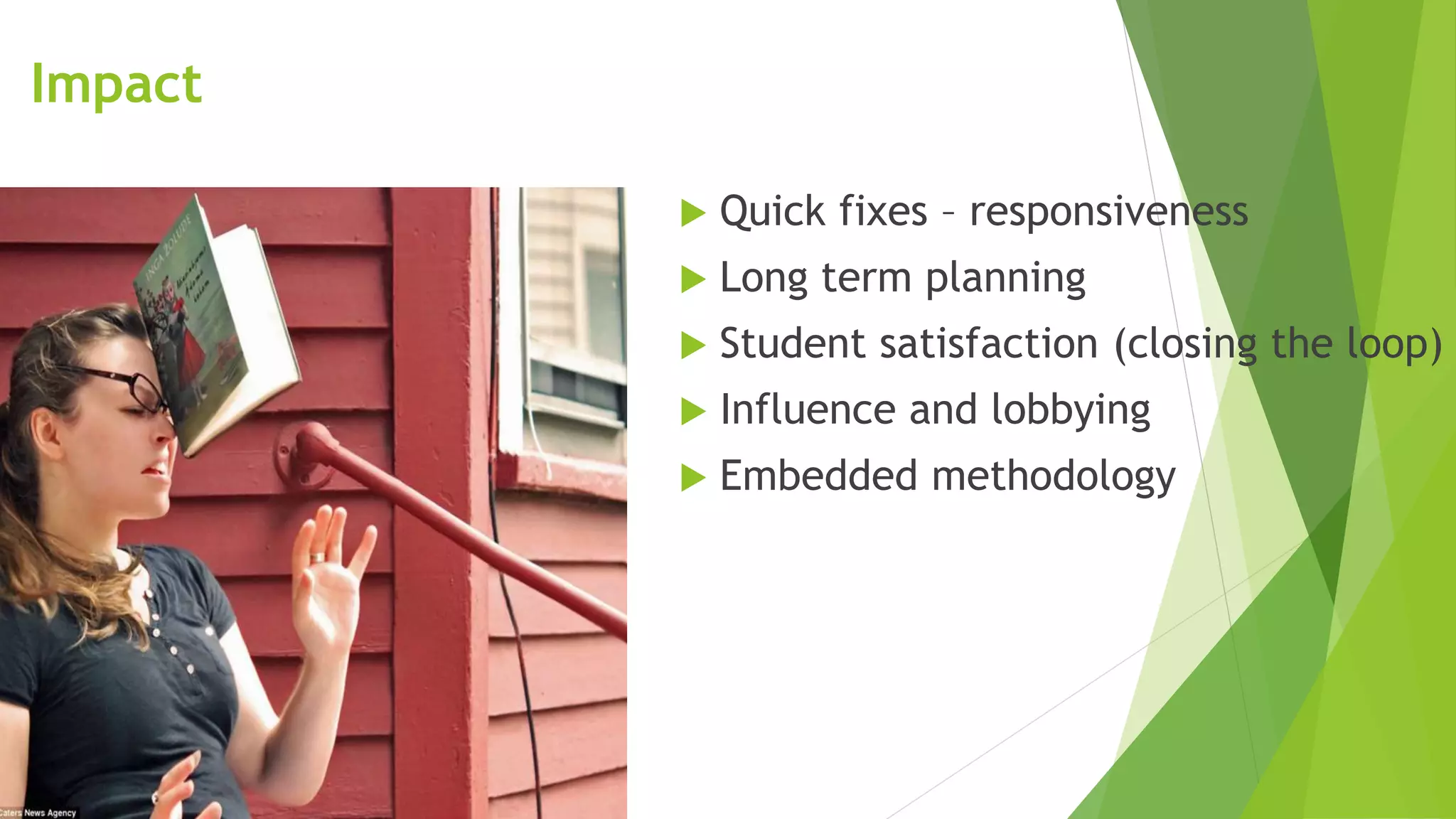 Impact
 Quick fixes – responsiveness
 Long term planning
 Student satisfaction (closing the loop)
 Influence and lobbying
 Embedded methodology
 