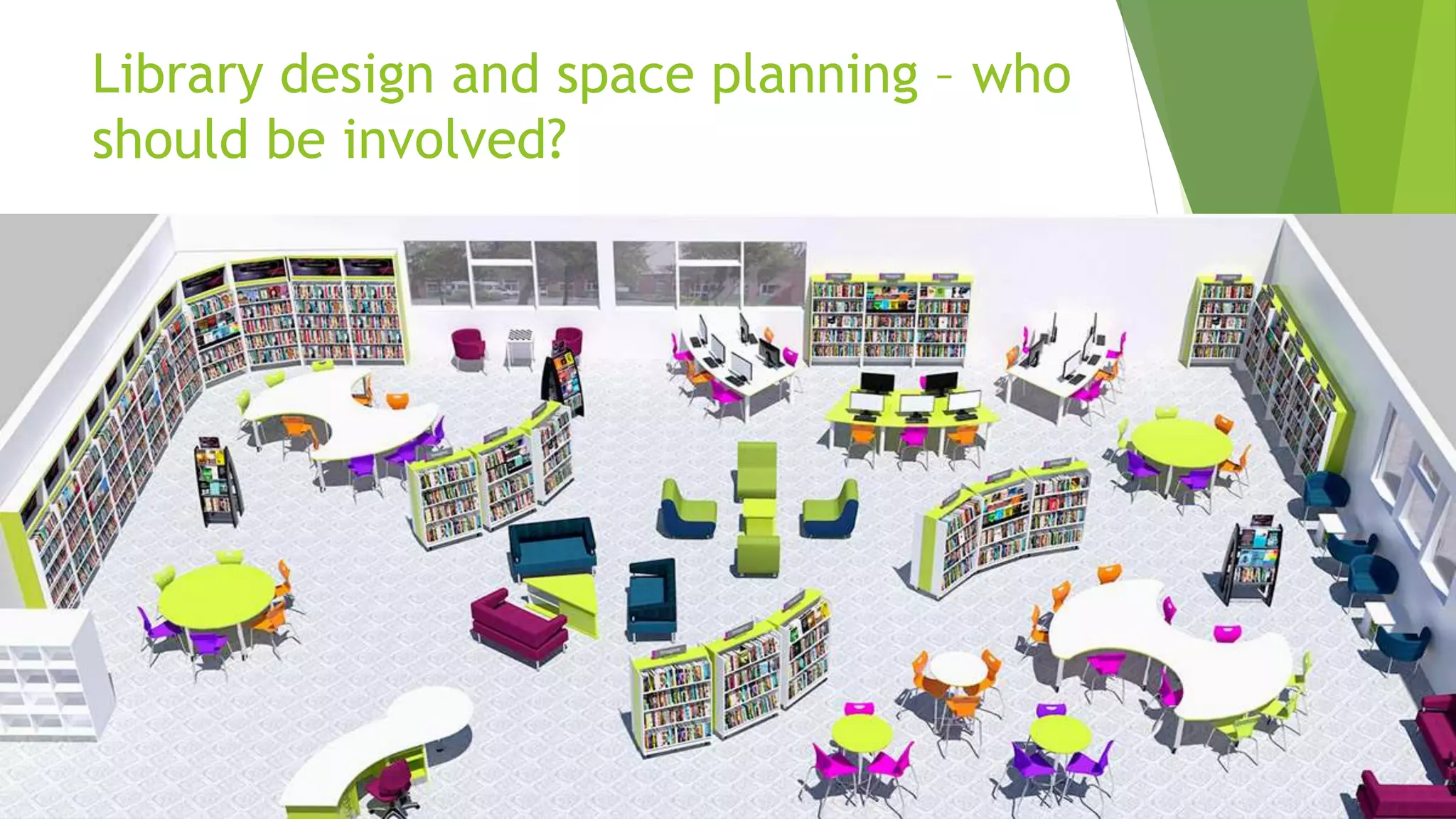Library design and space planning – who
should be involved?
 The Concept
 Just-in-time retail inventory
 The Opportunity
 Reduced overhead costs
 Increased customer satisfaction
 The Potential
 