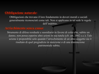 Obbligazione naturale
Obbligazione naturale:
:
Obbligazioni che trovano il loro fondamento in doveri morali o sociali
Obbligazioni che trovano il loro fondamento in doveri morali o sociali
generalmente riconosciuti come tali. Non si applicano in tal sede le regole
generalmente riconosciuti come tali. Non si applicano in tal sede le regole
dell’indebito.
dell’indebito.
Arricchimento senza causa
Arricchimento senza causa:
:
Strumento di difesa residuale e sussidiario in favore di colui che, subito un
Strumento di difesa residuale e sussidiario in favore di colui che, subito un
danno, non possa esperire altre azioni in sua tutela (cfr. art. 2042 c.c.); Tale
danno, non possa esperire altre azioni in sua tutela (cfr. art. 2042 c.c.); Tale
azione è proponibile solo quando l’arricchimento di un altro soggetto sia il
azione è proponibile solo quando l’arricchimento di un altro soggetto sia il
risultato di quel pregiudizio in menzione o di una diminuzione
risultato di quel pregiudizio in menzione o di una diminuzione
patrimoniale subita.
patrimoniale subita.
 