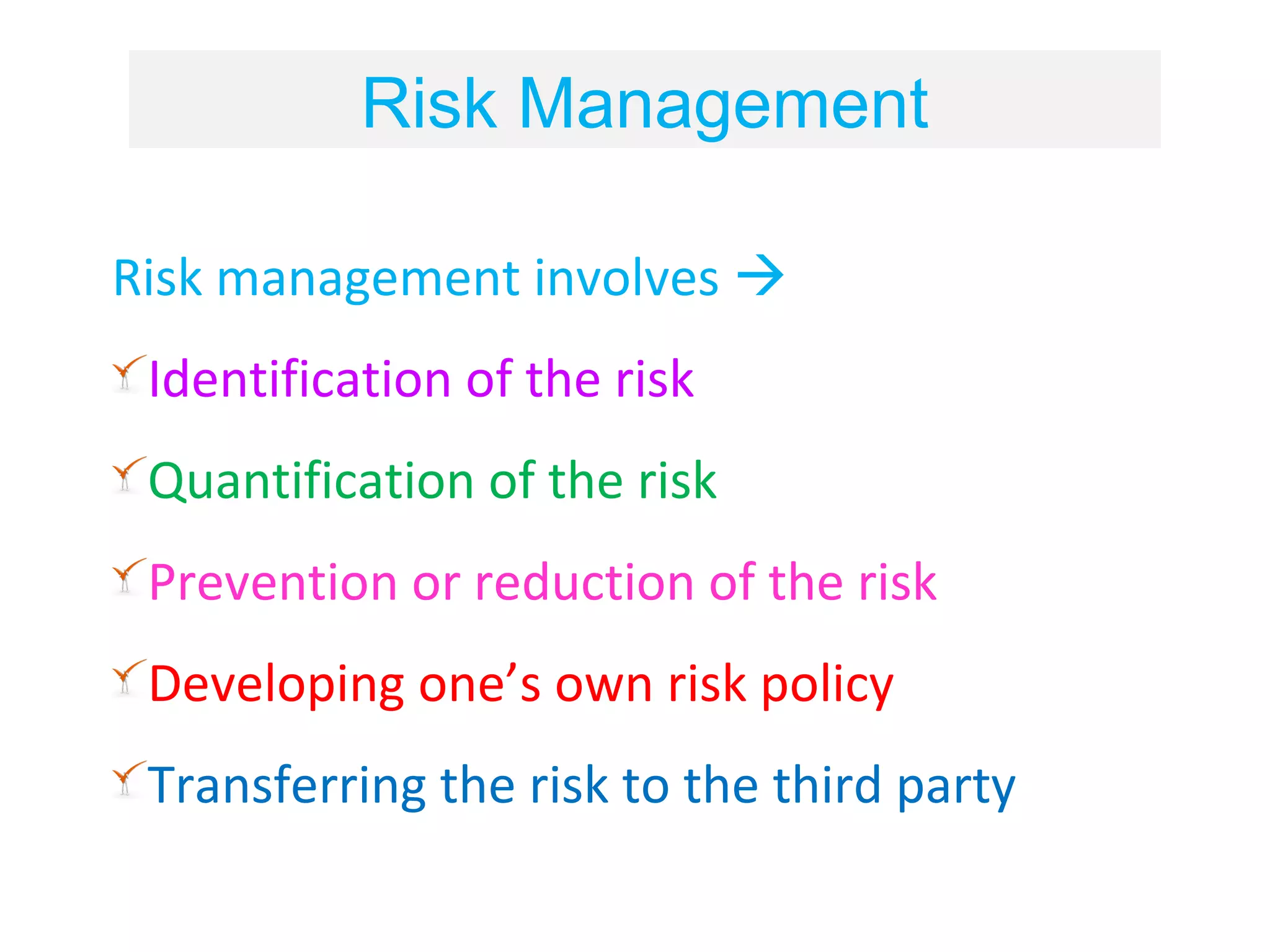 Risk Management

Risk management involves 
 Identification of the risk
 Quantification of the risk
 Prevention or reduction of the risk
 Developing one’s own risk policy
 Transferring the risk to the third party
 