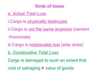 Kinds of losses
a. Actual Total Loss
i.Cargo is physically destroyed,
ii.Cargo is not the same anymore (cement
concrete)
iii.Cargo is irretrievably lost (ship sinks)
b. Constructive Total Loss
Cargo is damaged to such an extent that
cost of salvaging > value of goods
 