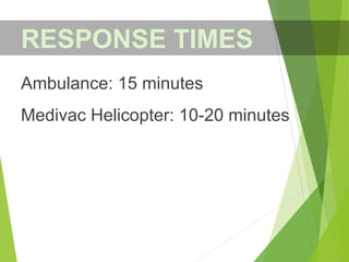 Ambulance: 15 minutes
Medivac Helicopter: 10-20 minutes
RESPONSE TIMES
 