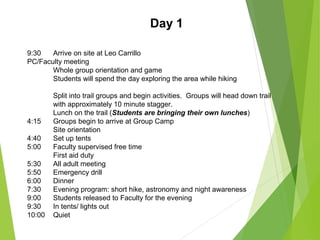 Day 1
9:30 Arrive on site at Leo Carrillo
PC/Faculty meeting
Whole group orientation and game
Students will spend the day exploring the area while hiking
Split into trail groups and begin activities. Groups will head down trail
with approximately 10 minute stagger.
Lunch on the trail (Students are bringing their own lunches)
4:15 Groups begin to arrive at Group Camp
Site orientation
4:40 Set up tents
5:00 Faculty supervised free time
First aid duty
5:30 All adult meeting
5:50 Emergency drill
6:00 Dinner
7:30 Evening program: short hike, astronomy and night awareness
9:00 Students released to Faculty for the evening
9:30 In tents/ lights out
10:00 Quiet
 