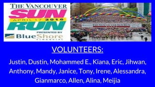Volunteers
VOLUNTEERS:
Justin, Dustin, Mohammed E., Kiana, Eric, Jihwan,
Anthony, Mandy, Janice, Tony, Irene, Alessandra,
Gianmarco, Allen, Alina, Meijia
 