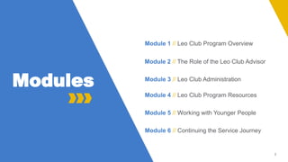 2
Module 1 // Leo Club Program Overview
Module 2 // The Role of the Leo Club Advisor
Module 3 // Leo Club Administration
Module 4 // Leo Club Program Resources
Module 5 // Working with Younger People
Modules
Module 6 // Continuing the Service Journey
 
