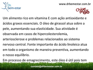 www.drbemestar.com.br



Um alimento rico em vitamina E com ação antioxidante e
ácidos graxos essenciais. O óleo de girassol atua sobre a
pele, aumentando sua elasticidade. Sua atividade é
observada em casos de hipercolesterolemia,
arteriosclerose e problemas relacionados ao sistema
nervoso central. Fonte importante do ácido linoleico atua
em todo o organismo de maneira preventiva, aumentando
o nosso equilíbrio.
Em processo de emagrecimento, este óleo é útil pois tem
                  contato@drbemestar.com.br
 