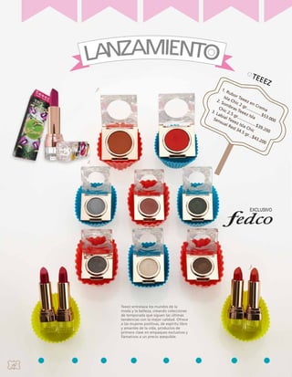 TEE

EZ

1.

1. R

ub
Isla or Tee
ez
C
2. S
en
om hic 2
C
gr.
bra
Ch
..... rema
s
.....
3. L ic 2.5 Teee
z Is ...$5
abi
gr.
3.0
l
Sen al Tee ........ a
00
.....
ez
sua
...$
Isla
l Re
39.
C
d3
200
4.5 hic
gr.
..$4
3.2
00

2.

3.

Teeez entrelaza los mundos de la
moda y la belleza, creando colecciones
de temporada que siguen las últimas
tendencias con la mejor calidad. Ofrece
a las mujeres positivas, de espíritu libre
y amantes de la vida, productos de
primera clase en empaques exclusivos y
llamativos a un precio asequible.

14

 