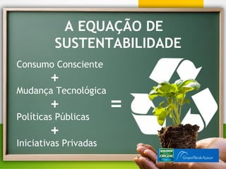 A EQUAÇÃO DE
         SUSTENTABILIDADE
Consumo Consciente
        +
Mudança Tecnológica
        +
Políticas Públicas
                       =
        +
Iniciativas Privadas
 