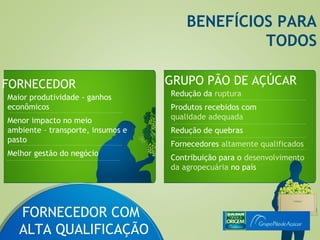 BENEFÍCIOS PARA
                                                TODOS

FORNECEDOR                         GRUPO PÃO DE AÇÚCAR
Maior produtividade - ganhos       Redução da ruptura
econômicos                         Produtos recebidos com
Menor impacto no meio              qualidade adequada
ambiente – transporte, insumos e   Redução de quebras
pasto
                                   Fornecedores altamente qualificados
Melhor gestão do negócio
                                   Contribuição para o desenvolvimento
                                   da agropecuária no país




   FORNECEDOR COM
   ALTA QUALIFICAÇÃO
 