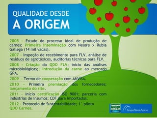 QUALIDADE DESDE
 A ORIGEM
2005 – Estudo do processo ideal de produção de
carnes; Primeira inseminação com Nelore x Rubia
Gallega (14 mil vacas).
2007 – Inspeção de recebimento para FLV, análise de
resíduos de agrotóxicos, auditorias técnicas para FLV.
2008 – Criação do QDO FLV; início das análises
microbiológicas;; Introdução da carne ao mercado
GPA.
2009 – Termo de cooperação com ANVISA.
2010 – Primeira premiação dos fornecedores;
lançamento do site.
2011 – Início certificação ISO 9001; parceria com
indústrias de insumos; CDF para importados.
2012 – Protocolo de Sustentabilidade; 1° piloto
QDO Carnes.
 