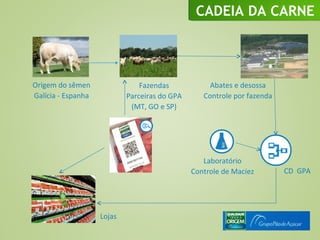 CADEIA DA CARNE




Origem do sêmen                 Fazendas            Abates e desossa
Galícia - Espanha           Parceiras do GPA      Controle por fazenda
                             (MT, GO e SP)




                                                  Laboratório
                                               Controle de Maciez        CD GPA




                    Lojas
 