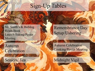 Sign-Up Tables
Mr. Smith’s & Bulldog
Reads Book
Launch/Baking/Poster
Meeting
Remembrance Day
Setup/Ushering
Seniors’ Tea
Autumn
Celebration
Autumn Celebration
Cooking/Poster Meeting
Midnight Vigil
 