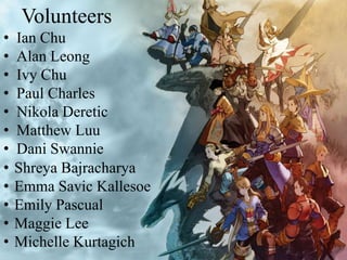 Volunteers
• Ian Chu
• Alan Leong
• Ivy Chu
• Paul Charles
• Nikola Deretic
• Matthew Luu
• Dani Swannie
• Shreya Bajracharya
• Emma Savic Kallesoe
• Emily Pascual
• Maggie Lee
• Michelle Kurtagich
 
