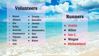 Volunteers
• Kiana
• Jihwan
• Gio
• Erika
• Averrie
• Gianmarco
• Tejawn
• Eric
• Jan
Runners● Dustin
● Danakin
● Jovani
● Irene
● Alessandra
● Son
● Minh
● Kison
● Justin
● Alina
● Ian C.
● Wayne
● Mohammed
 