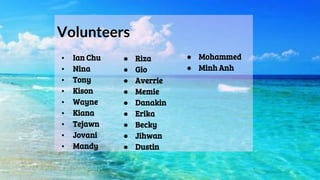 Volunteers
• Ian Chu
• Nina
• Tony
• Kison
• Wayne
• Kiana
• Tejawn
• Jovani
• Mandy
● Riza
● Gio
● Averrie
● Memie
● Danakin
● Erika
● Becky
● Jihwan
● Dustin
● Mohammed
● Minh Anh
 