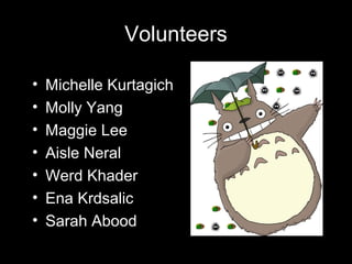 Volunteers
• Michelle Kurtagich
• Molly Yang
• Maggie Lee
• Aisle Neral
• Werd Khader
• Ena Krdsalic
• Sarah Abood
 