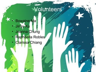 Volunteers
• Bowaine Ma
• Jinny Ku
• Joanna Chung
• Raphaella Robles
• Clarissa Chiang
 