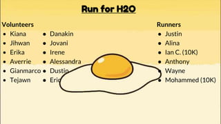 Run for H2O
Volunteers
• Kiana
• Jihwan
• Erika
• Averrie
• Gianmarco
• Tejawn
● Danakin
● Jovani
● Irene
● Alessandra
● Dustin
● Eric
Runners
● Justin
● Alina
● Ian C. (10K)
● Anthony
● Wayne
● Mohammed (10K)
 