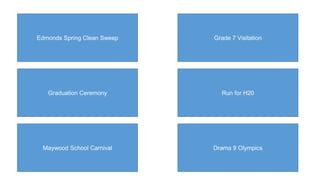Edmonds Spring Clean Sweep
Graduation Ceremony
Maywood School Carnival Drama 9 Olympics
Run for H20
Grade 7 Visitation
 