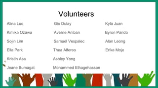 Volunteers
Alina Luo Gio Dulay Kyla Juan
Kimika Ozawa Averrie Aniban Byron Parido
Sojin Lim Samuel Vespalec Alan Leong
Ella Park Thea Alfereo Erika Moje
Kristin Asa Ashley Yong
Jeane Bumagat Mohammed Elhagehassan
 