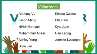 Volunteers
Anthony Vu Kimika Ozawa
Jason Meng Ella Park
Nikhil Narayan Kyla Juan
Muhammad Abasi Alan Leong
Ashley Yong Jennifer Lusuegro
Sojin Lim
 