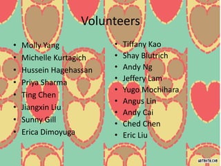 Volunteers
• Molly Yang
• Michelle Kurtagich
• Hussein Hagehassan
• Priya Sharma
• Ting Chen
• Jiangxin Liu
• Sunny Gill
• Erica Dimoyuga
• Tiffany Kao
• Shay Blutrich
• Andy Ng
• Jeffery Lam
• Yugo Mochihara
• Angus Lin
• Andy Cai
• Ched Chen
• Eric Liu
 