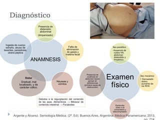 Diagnóstico
ANAMNESIS
Presencia de
distensión
abdominal
(timpanizado)
Falta de
eliminación
de gases y
materia fecal
Náuseas y
vómitos
Dolor
Gradual, mal
localizado, y de
carácter cólico.
Ingesta de cuerpo
extraño, abuso de
laxantes, parasitosis,
úlcera péptica
Examen
físico
Íleo paralítico
•Ausencia de
ruidos HA,
abdomen
distendido y
timpánico.
Íleo mecánico
• Demasiado
dolory
aumento de
los RHA
Peritonitis:
Dolor a la
compresión y
descompresión.
Presencia de
cicatrices en
abdomen hacen
pensar en
adherencias
(primera causa de
obstrucción)
Argente y Álvarez. Semiología Médica. (2ª. Ed). Buenos Aires, Argentina: Médica Panamericana; 2013,
Debidos a la regurgitación del contenido
de las asas. Alimenticios → Biliosos/ de
contenido intestinal → Fecaloides
 