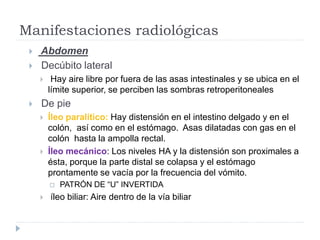 Manifestaciones radiológicas
 Abdomen
 Decúbito lateral
 Hay aire libre por fuera de las asas intestinales y se ubica en el
límite superior, se perciben las sombras retroperitoneales
 De pie
 Íleo paralítico: Hay distensión en el intestino delgado y en el
colón, así como en el estómago. Asas dilatadas con gas en el
colón hasta la ampolla rectal.
 Íleo mecánico: Los niveles HA y la distensión son proximales a
ésta, porque la parte distal se colapsa y el estómago
prontamente se vacía por la frecuencia del vómito.
 PATRÓN DE “U” INVERTIDA
 íleo biliar: Aire dentro de la vía biliar
 