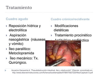 Tratamiento
Cuadro agudo Cuadro crónico/recidivante
 Reposición hídrica y
electrolítica
 Aspiración
nasogástrica (náuseas
y vómito)
 Íleo paralítico:
Metoclopramida
 Íleo mecánico: Tx.
Quirúrigico.
 Modificaciones
dietéticas
 Tratamiento procinético
 Antibiótico profiláctico
Accarino Garaventa A. "Pseudobstrucción intestinal, íleo y obstrucción". Elsevier, encontrado en:
http://www.elsevierinstituciones.com/ficheros/booktemplate/9788475927220/files/Capitulo13.pdf
 