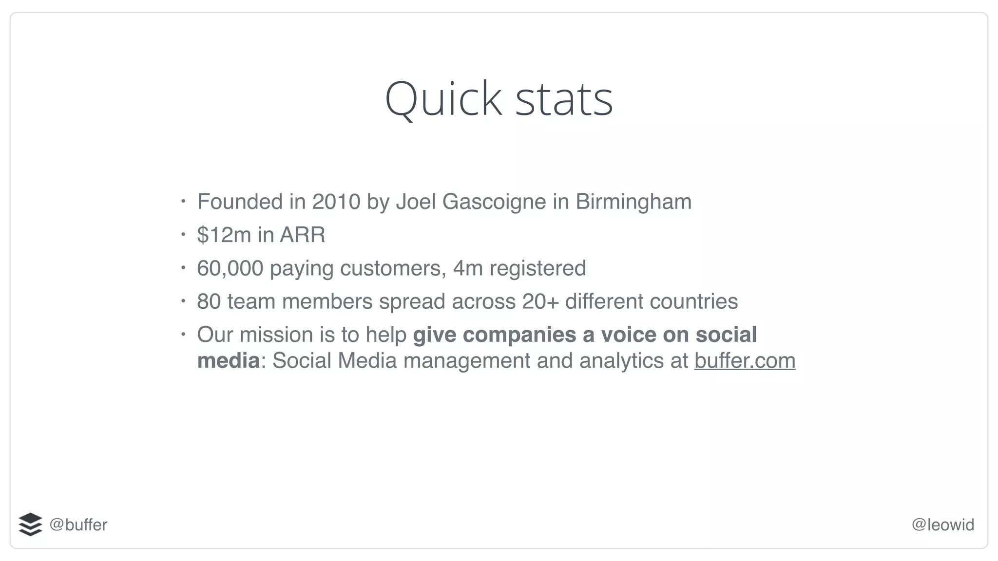 @buffer @leowid
• Founded in 2010 by Joel Gascoigne in Birmingham
• $12m in ARR
• 60,000 paying customers, 4m registered
• 80 team members spread across 20+ different countries
• Our mission is to help give companies a voice on social
media: Social Media management and analytics at buffer.com
Quick stats