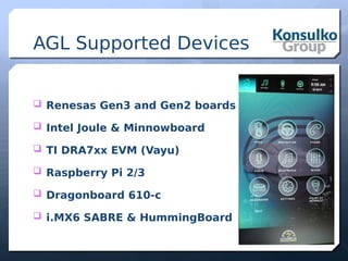 AGL Supported Devices
 Renesas Gen3 and Gen2 boards
 Intel Joule & Minnowboard
 TI DRA7xx EVM (Vayu)
 Raspberry Pi 2/3
 Dragonboard 610-c
 i.MX6 SABRE & HummingBoard
 