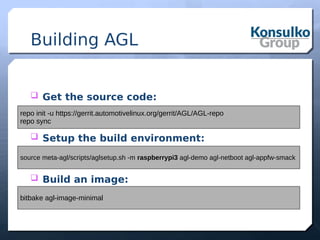 Building AGL
 Get the source code:
 Setup the build environment:
 Build an image:
repo init -u https://gerrit.automotivelinux.org/gerrit/AGL/AGL-repo
repo sync
source meta-agl/scripts/aglsetup.sh -m raspberrypi3 agl-demo agl-netboot agl-appfw-smack
bitbake agl-image-minimal
 