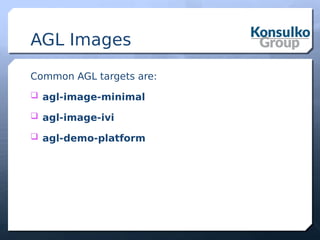 AGL Images
Common AGL targets are:
 agl-image-minimal
 agl-image-ivi
 agl-demo-platform
 