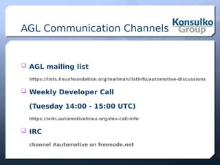 AGL Communication Channels
 AGL mailing list
https://lists.linuxfoundation.org/mailman/listinfo/automotive-discussions
 Weekly Developer Call
(Tuesday 14:00 - 15:00 UTC)
https://wiki.automotivelinux.org/dev-call-info
 IRC
channel #automotive on freenode.net
 