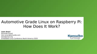 Automotive Grade Linux on Raspberry Pi:
How Does It Work?
Leon Anavi
Konsulko Group
leon.anavi@konsulko.com
leon@anavi.org
Embedded Linux Conference North America 2020
 