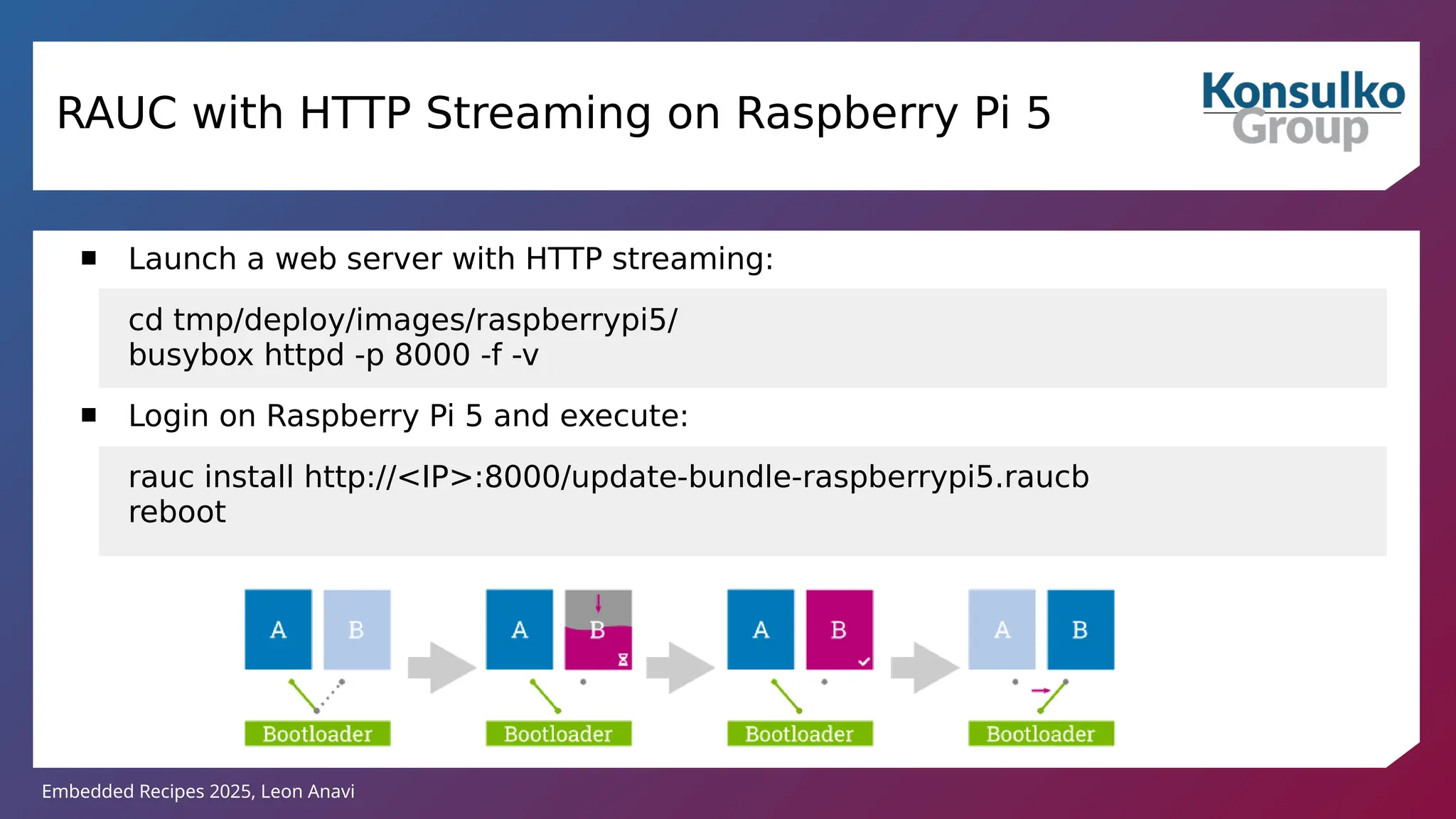 Embedded Recipes 2025, Leon Anavi
RAUC with HTTP Streaming on Raspberry Pi 5
 Launch a web server with HTTP streaming:
cd tmp/deploy/images/raspberrypi5/
busybox httpd -p 8000 -f -v
 Login on Raspberry Pi 5 and execute:
rauc install http://<IP>:8000/update-bundle-raspberrypi5.raucb
reboot
 
