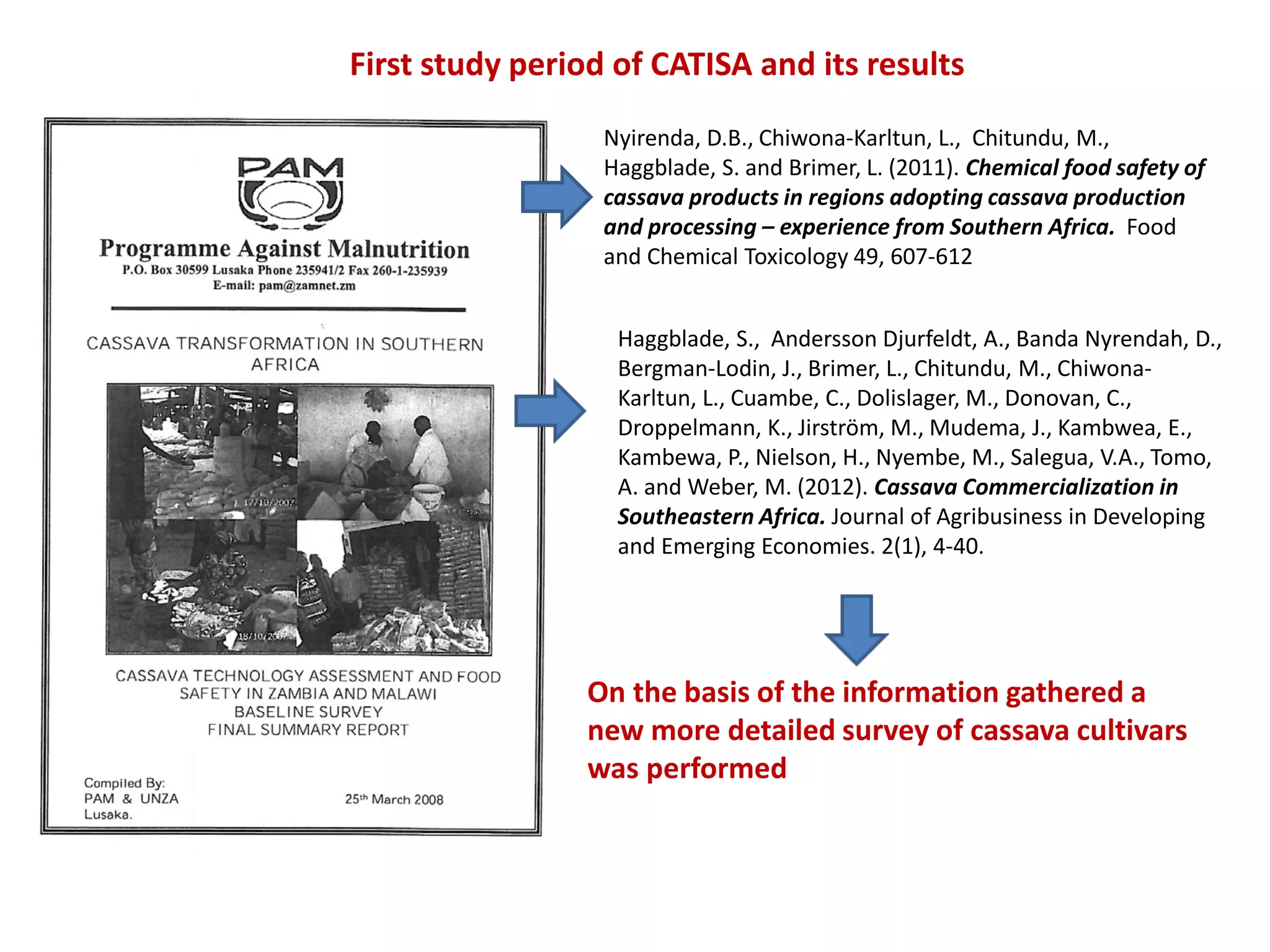 Nyirenda, D.B., Chiwona-Karltun, L., Chitundu, M.,
Haggblade, S. and Brimer, L. (2011). Chemical food safety of
cassava products in regions adopting cassava production
and processing – experience from Southern Africa. Food
and Chemical Toxicology 49, 607-612
Haggblade, S., Andersson Djurfeldt, A., Banda Nyrendah, D.,
Bergman-Lodin, J., Brimer, L., Chitundu, M., Chiwona-
Karltun, L., Cuambe, C., Dolislager, M., Donovan, C.,
Droppelmann, K., Jirström, M., Mudema, J., Kambwea, E.,
Kambewa, P., Nielson, H., Nyembe, M., Salegua, V.A., Tomo,
A. and Weber, M. (2012). Cassava Commercialization in
Southeastern Africa. Journal of Agribusiness in Developing
and Emerging Economies. 2(1), 4-40.
On the basis of the information gathered a
new more detailed survey of cassava cultivars
was performed
First study period of CATISA and its results
 