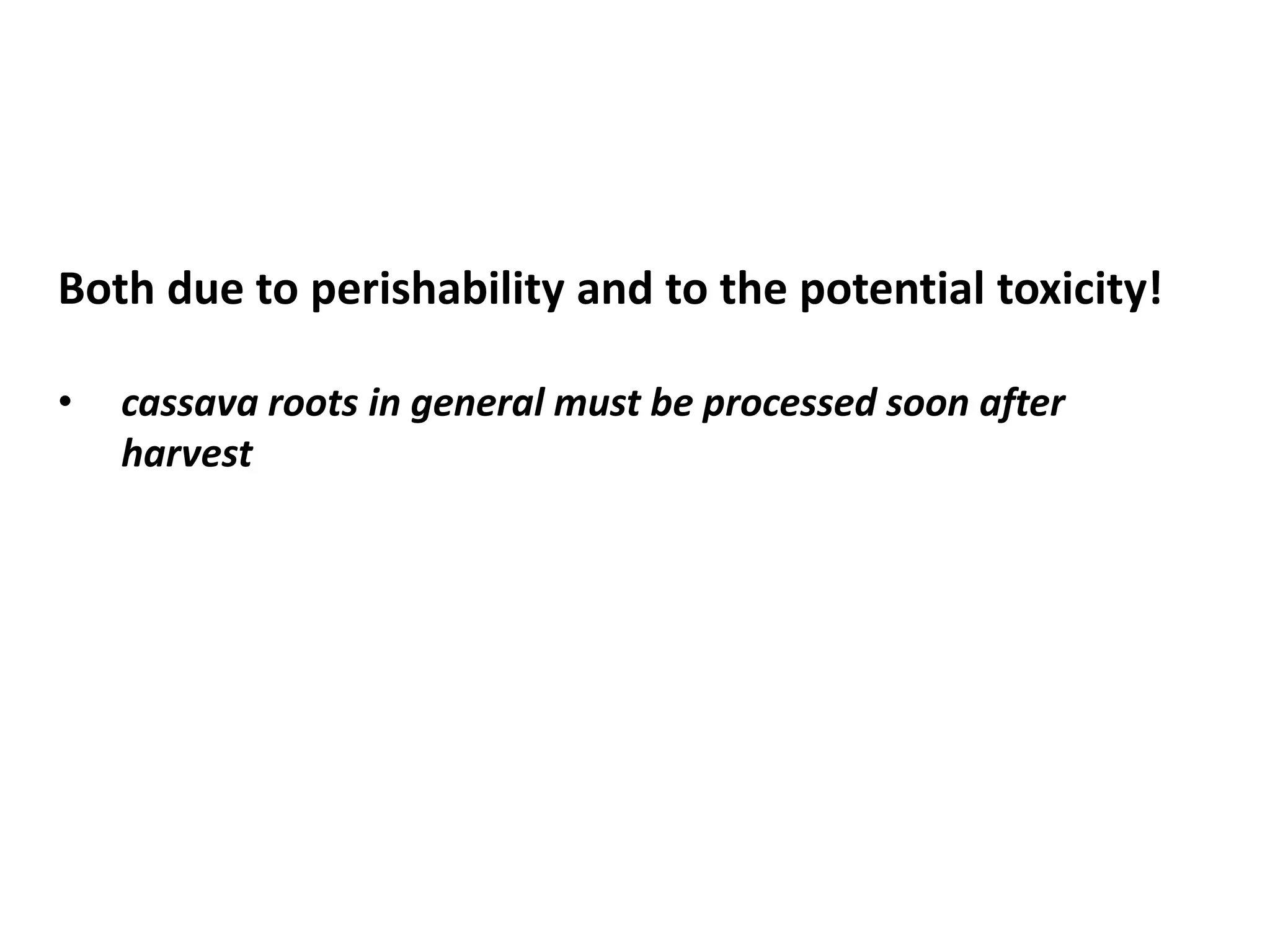 Both due to perishability and to the potential toxicity!
• cassava roots in general must be processed soon after
harvest
 