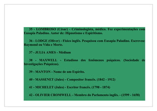 35 - LOMBROSO (César) - Criminologista, médico. Fez experimentações com
Eusapia Paladino. Autor de: Hipnotismo e Espiritismo.

   36 - LODGE (Oliver) - Físico inglês. Pesquisou com Eusapia Paladino. Escreveu:
Raymond ou Vida e Morte.

   37 - JULIA AMES - Médium

   38 - MAXWELL - Estudioso dos fenômenos psíquicos. (Sociedade de
Investigações Psíquicas).

   39 - MANTON - Nome de um Espírito.

   40 - MASSENET (Jules) - Compositor francês. (1842 - 1912)

   41 - MICHELET (Jules) - Escritor francês. (1798 - 1874)

   42 - OLIVIER CROMWELL - Membro do Parlamento inglês. - (1599 - 1658)
 