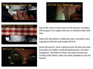 38)Cut in + Close up
39) Close up + Bird’s eye view
40) Cut in + Close up
41) Cut in + Close up
Scene 38, Leon’s hand is put on the picture, connotes
The fat guy is his target and Leon is aimed to deal with
Him.
Scene 39, the picture is taken by Leon, connotes Leon
Is going to find him and maybe kill him.
Scene 40 and 41, Leon is determined. He did not smile
Connotes he maybe a cold-blooded person. He wore
Sunglasses connotes he does not want to have eye
Contact with others, does not want anybody to see his
Face(?)
 