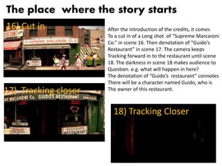 16) Cut in
17) Tracking closer
18) Tracking Closer
After the introduction of the credits, it comes
To a cut in of a Long shot of “Supreme Marcaroni
Co.” in scene 16. Then denotation of “Guido’s
Restaurant” in scene 17. The camera keeps
Tracking forward in to the restaurant until scene
18. The darkness in scene 18 makes audience to
Question. e.g. what will happen in here?
The denotation of “Guido’s restaurant” connotes
There will be a character named Guido, who is
The owner of this restaurant.
The place where the story starts
 