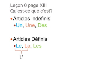 Leçon 0 page XIIIQu’est-cequec’est? Articles indéfinisUn, Une, DesArticles DéfinisLe, La, LesL’