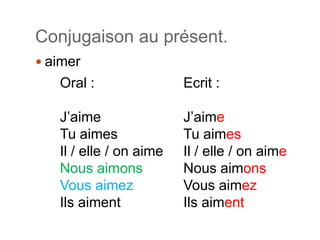 Conjugaison au présent.aimerOral :J’aimeTuaimesIl / elle / on aimeNous aimonsVousaimezIlsaimentEcrit :J’aimeTuaimesIl / elle / on aimeNous aimonsVousaimezIlsaiment
